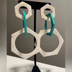 Geometric White and Green Earrings